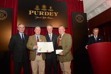 Stotty & Shawy proudly receiving the Bronze 2012 Purdey Award & £2000 from Jonathan Kennedy, Richard Purdey & Lord Douro